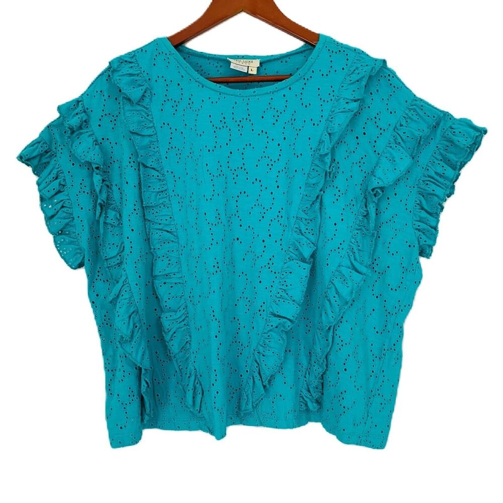 Tru Luxe Jeans Top Women L Turquoise Cotton Eyelet Ruffle Boho Cottage NWT